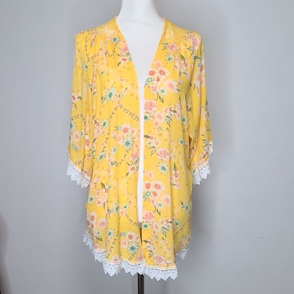 Davi and Dani Tops - Yellow Floral Kimono With White Trim
